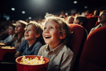 Group of children laughing and enjoying a movie sitted in a movie theater with popcorn - obrazy, fototapety, plakaty