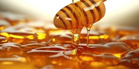 Honey flows from the stem, with a fresh appearance and golden color, the concept of fresh bee honey is good for health. Generative AI