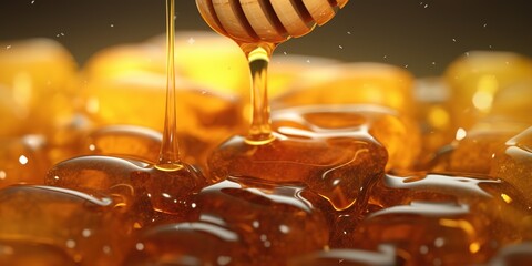 Honey flows from the stem, with a fresh appearance and golden color, the concept of fresh bee honey is good for health. Generative AI - obrazy, fototapety, plakaty