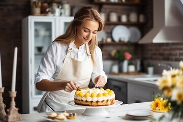 female bakery chef preparing a delicious cake