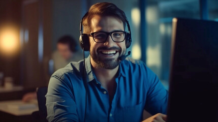 Smiling Businessman at Call Reception Working with Computer