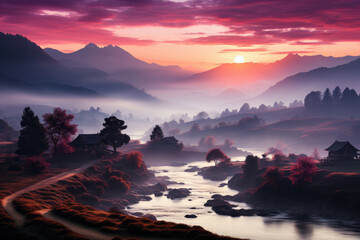 Tranquil Sunrise over Ocean and Countryside. A foggy forest at dawn, tranquility in nature.