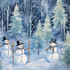 Obraz premium Watercolor Art of Playful Snowmen Amidst Snowy Pines and Dancing Snowflakes