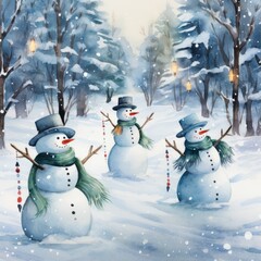 Obraz premium Watercolor Art of Playful Snowmen Amidst Snowy Pines and Dancing Snowflakes