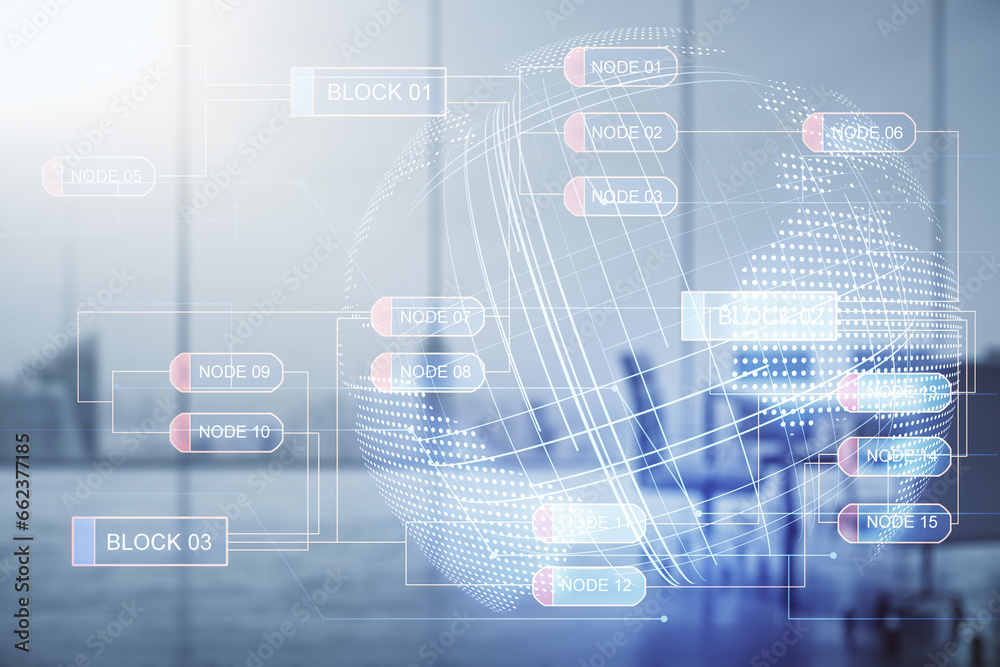 Poster Multi exposure of abstract graphic coding sketch and world map on a modern furnished classroom background, big data and networking concept