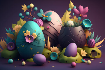 Easter image with decorated eggs, flowers and grass