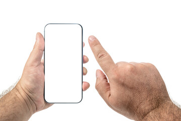 Hand touching phone mobile screen isolated on white, mock up smartphone blank screen easy adjustment with clipping path for screen