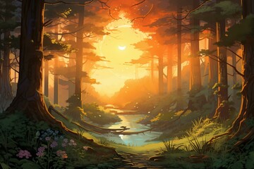 Illustration of a magical sunrise in a forest. Generative AI