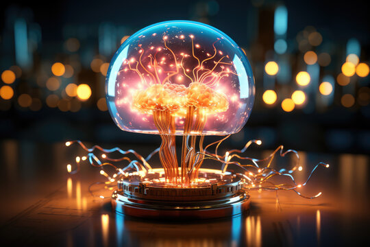 A brain illuminated by quantum particles, symbolizing the intricate relationship between the micro and macro worlds. Generative Ai.