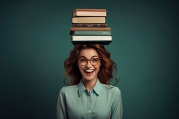 very smiling young woman with books on her head