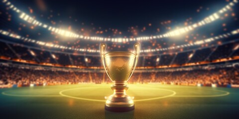 The golden cup was photographed in a large football stadium with light effects behind it. generative AI