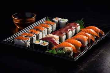 Sushi on a black background in an artistic interpretation. Generative AI.