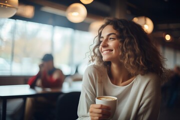 happy young woman enjoying a cappuccino