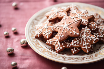 Obraz na płótnie Canvas Christmas ginger cookies in the shape of snowflakes with pink icing