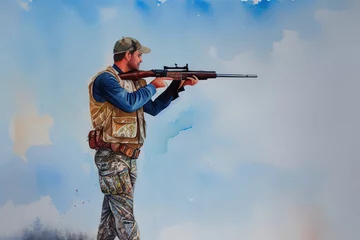  Hunter man in camouflage with a gun during the hunt in search of wild birds or game, generative ai © Valentina Watercolor