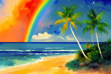 Fototapeta na wymiar Tropical island illustration with rainbow and palm trees, Generative AI.