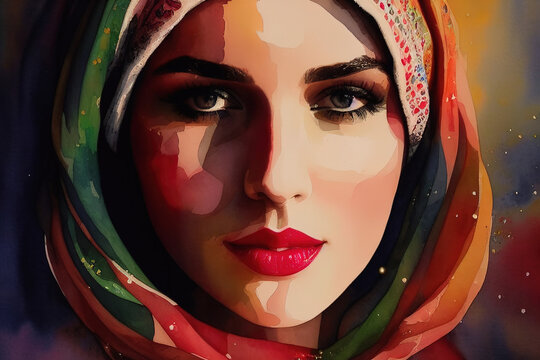 Portrait of a beautiful arabic woman in a veil. AI generated.