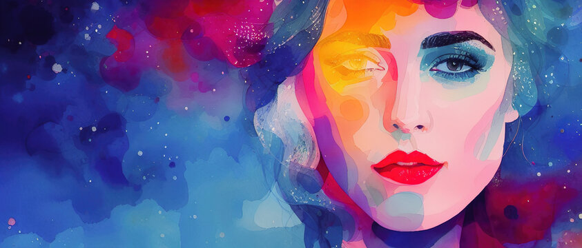 Sensual woman in neon ultraviolet light watercolor drawing, AI generative.