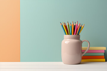 colored pencils in ceramic mug and colorful book on blue green background Knowledge and education concept