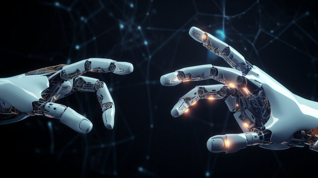 hands of two robots touching each other, artificial intelligence training concept. Generated AI