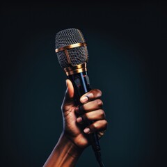 Hand holding a mic before performing on stage, with a plain elegant background, good for business, presenters, artists, singers, events, shows etc. Generative Ai Image