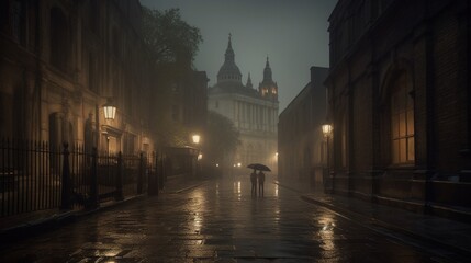 Photograph medieval london dark rain fog dramat Ai generated art - obrazy, fototapety, plakaty