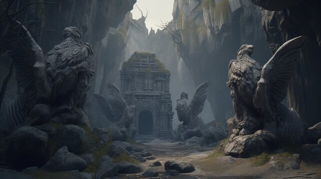 Photorealistic dark fantasy wide-angle sculpture ground Ai generated art