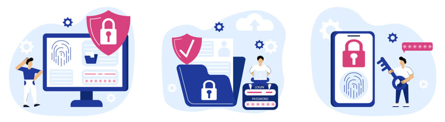 Characters using Cyber security Services to Protect Personal Data.Idea of digital data protection and safety.Modern technology and virtual crime. Protection information in internet.Vector illustration - obrazy, fototapety, plakaty