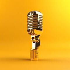 gold colored microphone standing on yellow background.  Generative AI