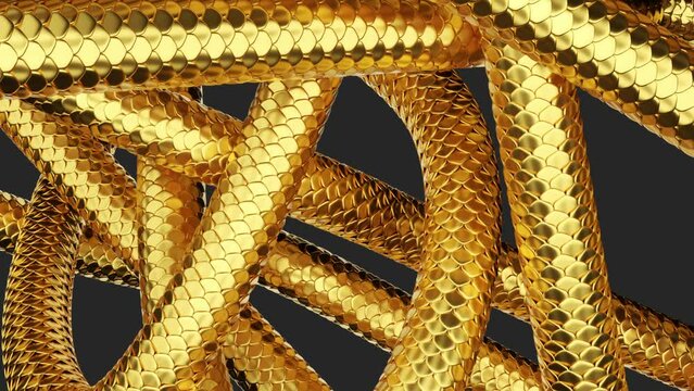Golden metallic snakes twist in a 3D abstract, with shimmering scales. Looping animation, endless sequence. metallic scales texture