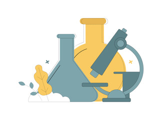 Science concept. Tools for scientific research. Microscope and flasks. For banners, web pages, education. Vector flat illustration