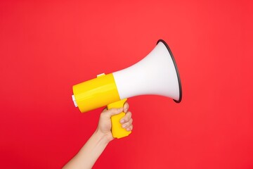 Hand holding a megaphone on a red background with empty space beside it for your text. generative AI