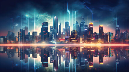 Majestic city at dusk: the futuristic urban skyline