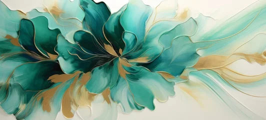 Fotobehang Abstract marbled ink liquid fluid watercolor acrylic oil painting texture banner  - Turquise green petals blossom flower swirls gold painted lines, isolated on white background © Corri Seizinger