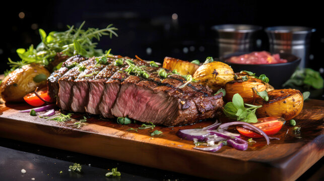 Image of a juicy steak with fresh vegetables on a rustic cutting board