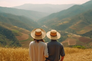Travel and tourism. Family couple standing back and enjoying view together