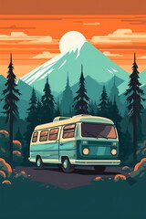 Camping caravan outdoor traveling vacation illustration. National park scene with RV traveler truck at evening. Forest, mountains and sun