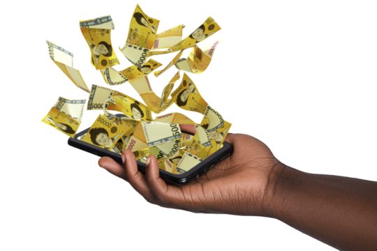 Black hand holding phone with South Korean won notes hovering on screen isolated on transparent background. 3d rendered banknotes