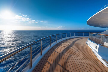 A beautiful shot from the deck of the yacht under a blue sky and sun at day time