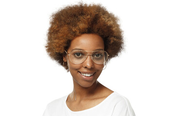 Portrait of smiling young african american woman wearing white t-shirt and glasses