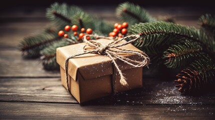 Naklejka na ściany i meble Christmas gift on wooden table