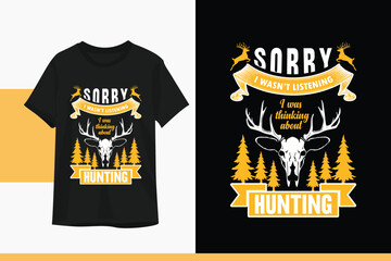 Hunting t-shirt design template. Vector illustration with deer skull, forest silhouette art.