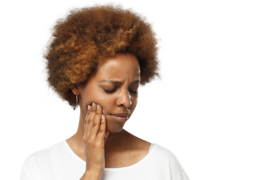 Young african american woman having strong toothache, pressing hand to chin because of jaw pain