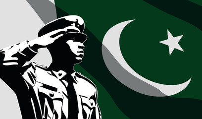 Silhouette of soldier with Pakistan flag on background - obrazy, fototapety, plakaty