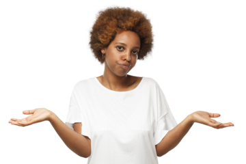 I don't know. Young black woman showing helpless gesture with hands, mouth curved as if she does not know what to do
