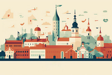 Tallinn urban landscape with cityscape silhouette . Pattern with houses. Illustration - obrazy, fototapety, plakaty