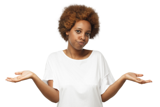 I don't know. Young black woman showing helpless gesture with hands, mouth curved as if she does not know what to do