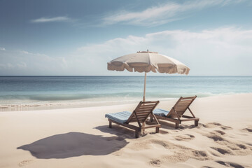 A relaxing day at the beach with beach chairs and an umbrella on a sandy shore, surrounded by the clear blue sea and sky, AI Generative.
