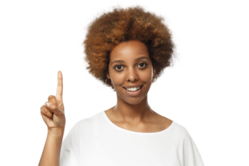 Happy young african woman in white t-shirt pointing up with her finger