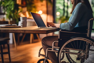 A disabled person is sitting in a wheelchair and working - Powered by Adobe